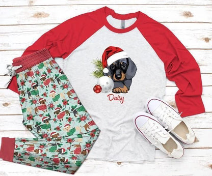 Dachshund Christmas Dachshund Pajama Set |Sleepwear Pjs Sets | Raglan Shirt Pants Set