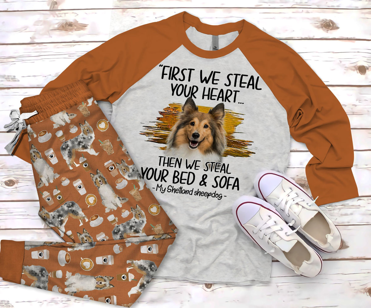 Shetland Sheepdog Steal Your Bed Orange Amazing Pajama Set |Sleepwear Pjs Sets | Raglan Shirt Pants Set