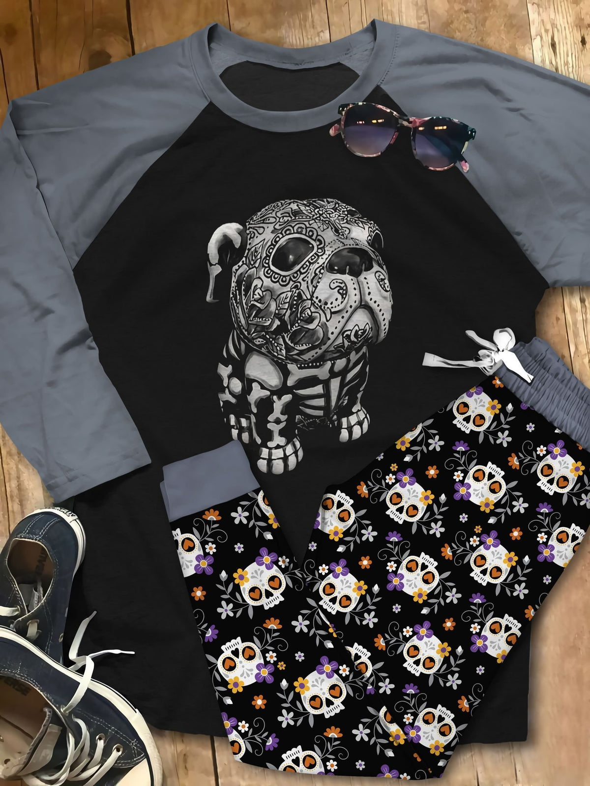 Day Of The Dead Dog Grey Nice Pajama Set |Sleepwear Pjs Sets | Raglan Shirt Pants Set