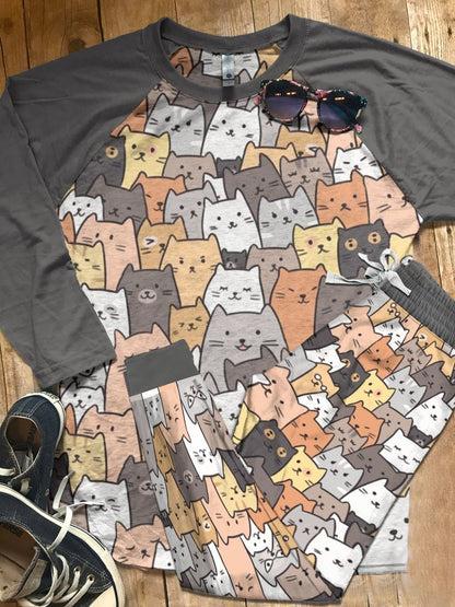 Cat Life Is Full Of Cats Grey High Quality Pajama Set |Sleepwear Pjs Sets | Raglan Shirt Pants Set