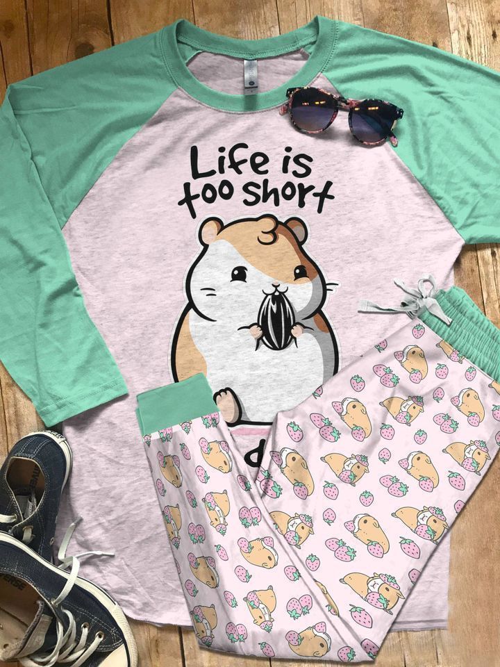 Guinea Pig Life Is T Short To Diet Green Unique Pajama Set |Sleepwear Pjs Sets | Raglan Shirt Pants Set