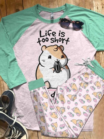 Guinea Pig Life Is T Short To Diet Green Unique Pajama Set |Sleepwear Pjs Sets | Raglan Shirt Pants Set