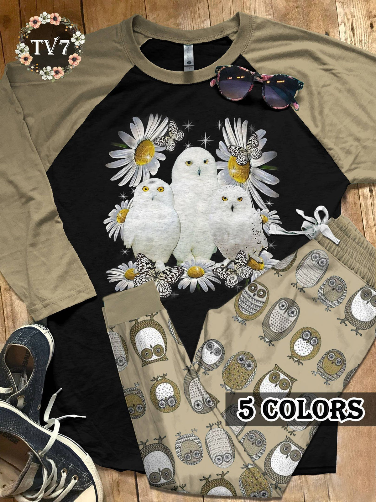 Owl White Owls Colors Pajama Set |Sleepwear Pjs Sets | Raglan Shirt Pants Set