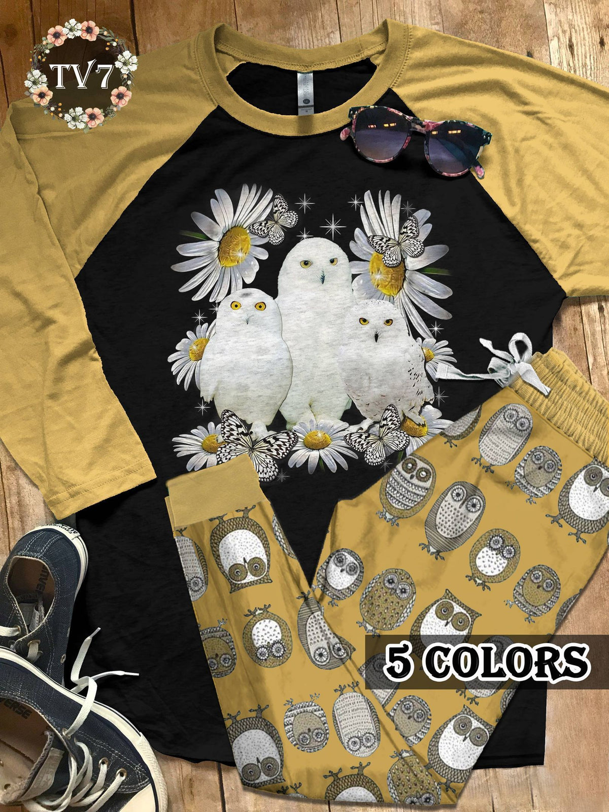 Owl White Owls Colors Pajama Set |Sleepwear Pjs Sets | Raglan Shirt Pants Set