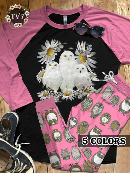 Owl White Owls Colors Pajama Set |Sleepwear Pjs Sets | Raglan Shirt Pants Set