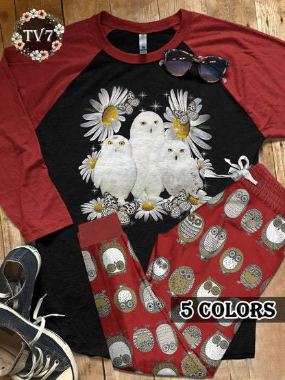 Owl White Owls Colors Pajama Set |Sleepwear Pjs Sets | Raglan Shirt Pants Set