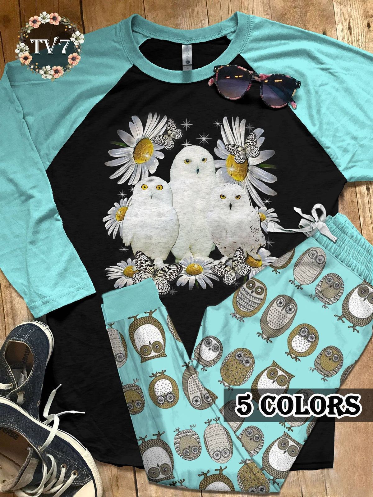 Owl White Owls Colors Pajama Set |Sleepwear Pjs Sets | Raglan Shirt Pants Set