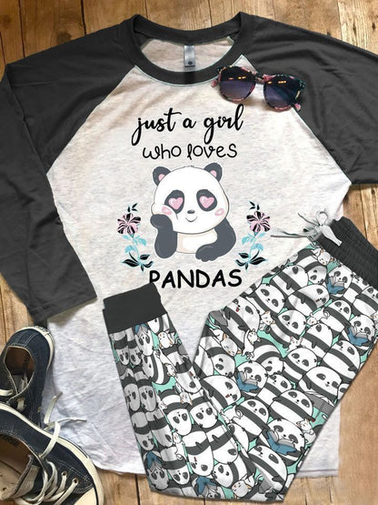 Panda Just A Girl Black Best Pajama Set |Sleepwear Pjs Sets | Raglan Shirt Pants Set