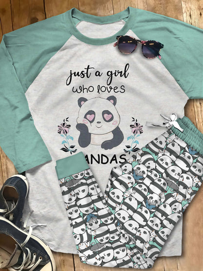 Panda Just A Girl Black Best Pajama Set |Sleepwear Pjs Sets | Raglan Shirt Pants Set