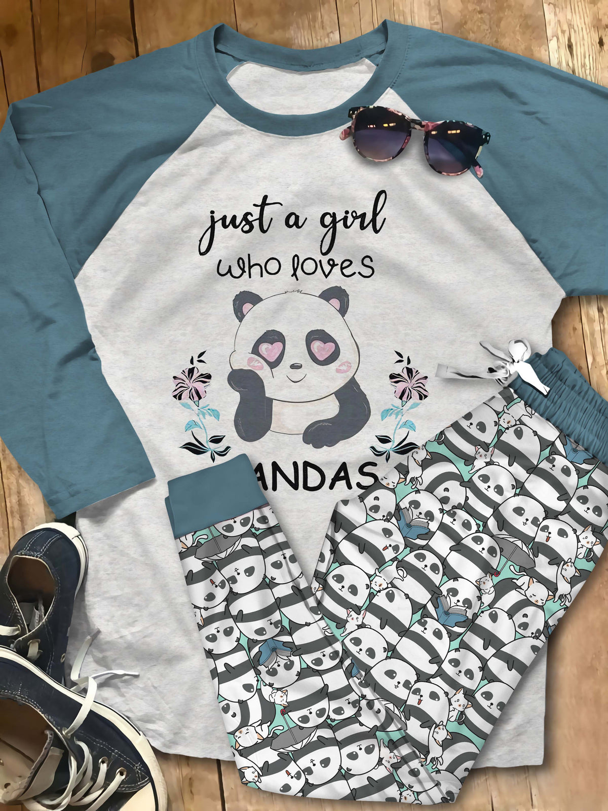 Panda Just A Girl Black Best Pajama Set |Sleepwear Pjs Sets | Raglan Shirt Pants Set