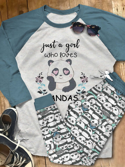 Panda Just A Girl Black Best Pajama Set |Sleepwear Pjs Sets | Raglan Shirt Pants Set
