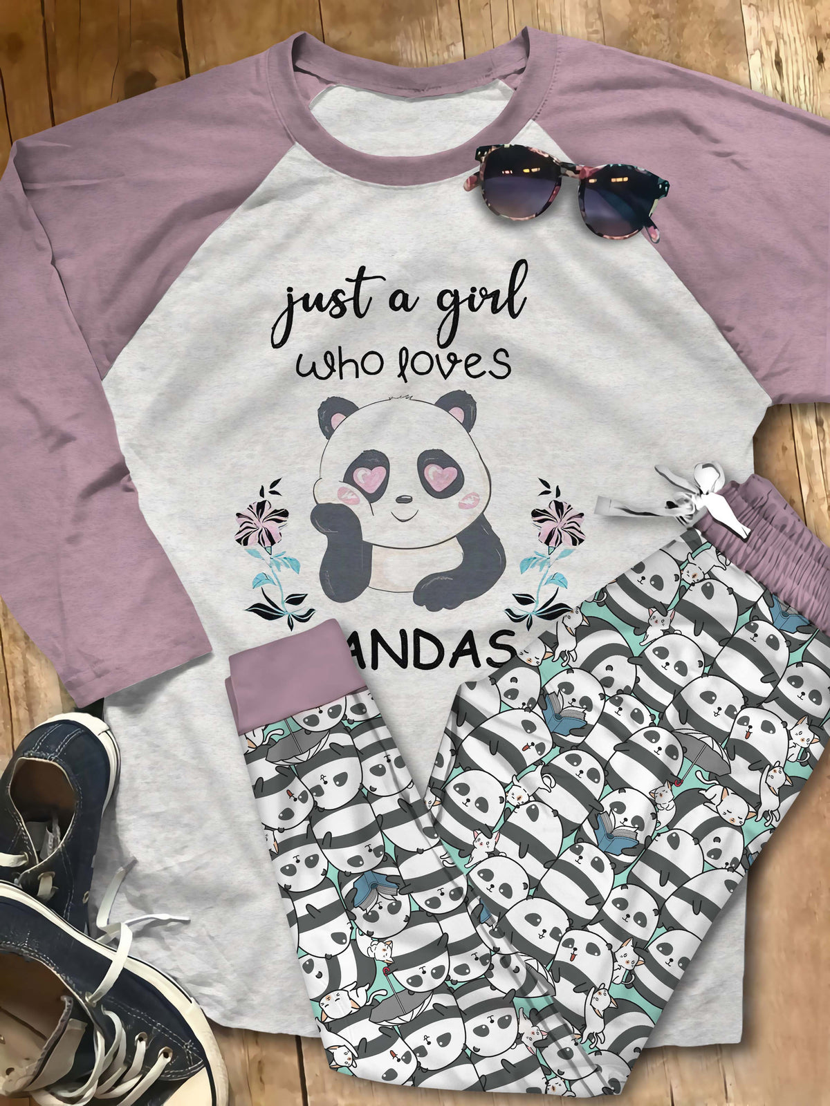 Panda Just A Girl Black Best Pajama Set |Sleepwear Pjs Sets | Raglan Shirt Pants Set