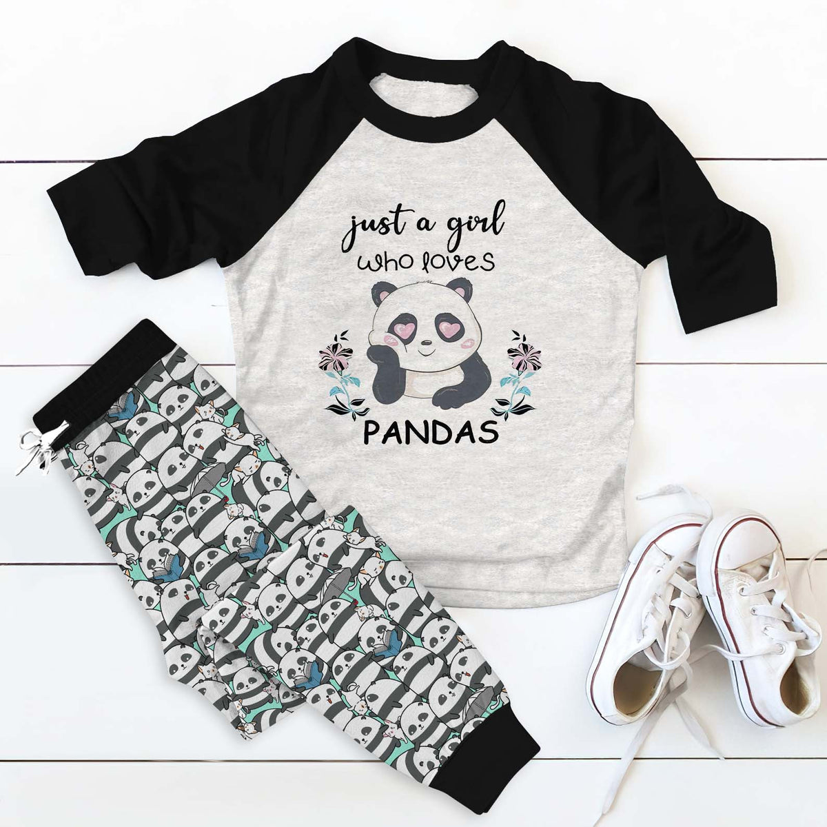 Panda Just A Girl Black Best Pajama Set |Sleepwear Pjs Sets | Raglan Shirt Pants Set