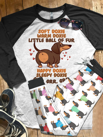 Dachshund Soft Doxie Warm Doxie Black Good Quality Pajama Set |Sleepwear Pjs Sets | Raglan Shirt Pants Set