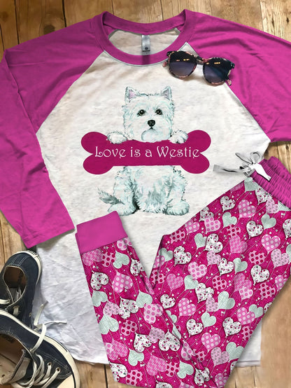 West Highland White Terrier Love Is A Westie Pajama Set |Sleepwear Pjs Sets | Raglan Shirt Pants Set
