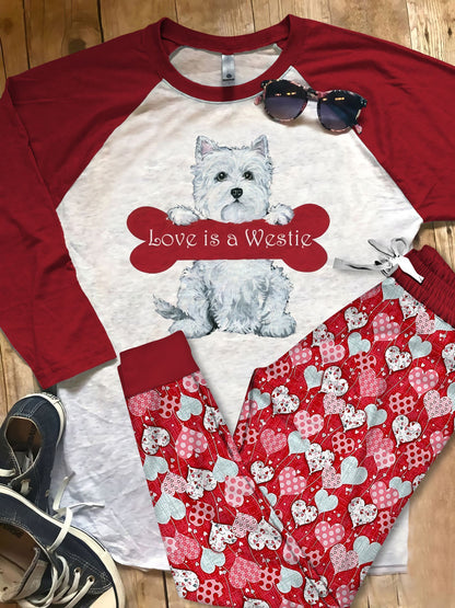 West Highland White Terrier Love Is A Westie Pajama Set |Sleepwear Pjs Sets | Raglan Shirt Pants Set