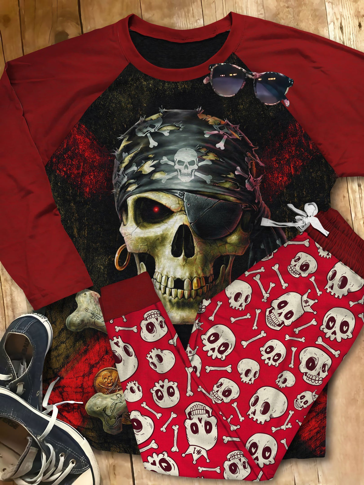 Skull Red Red Unique Pajama Set |Sleepwear Pjs Sets | Raglan Shirt Pants Set