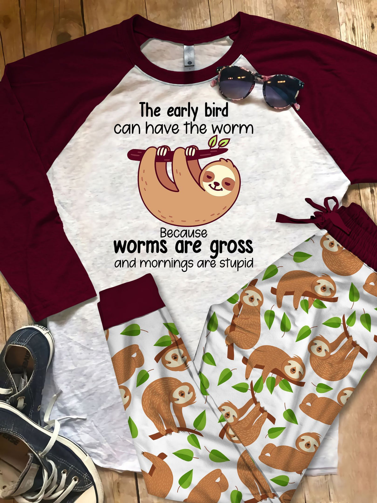Sloth Sleep Never End Pajama Set |Sleepwear Pjs Sets | Raglan Shirt Pants Set
