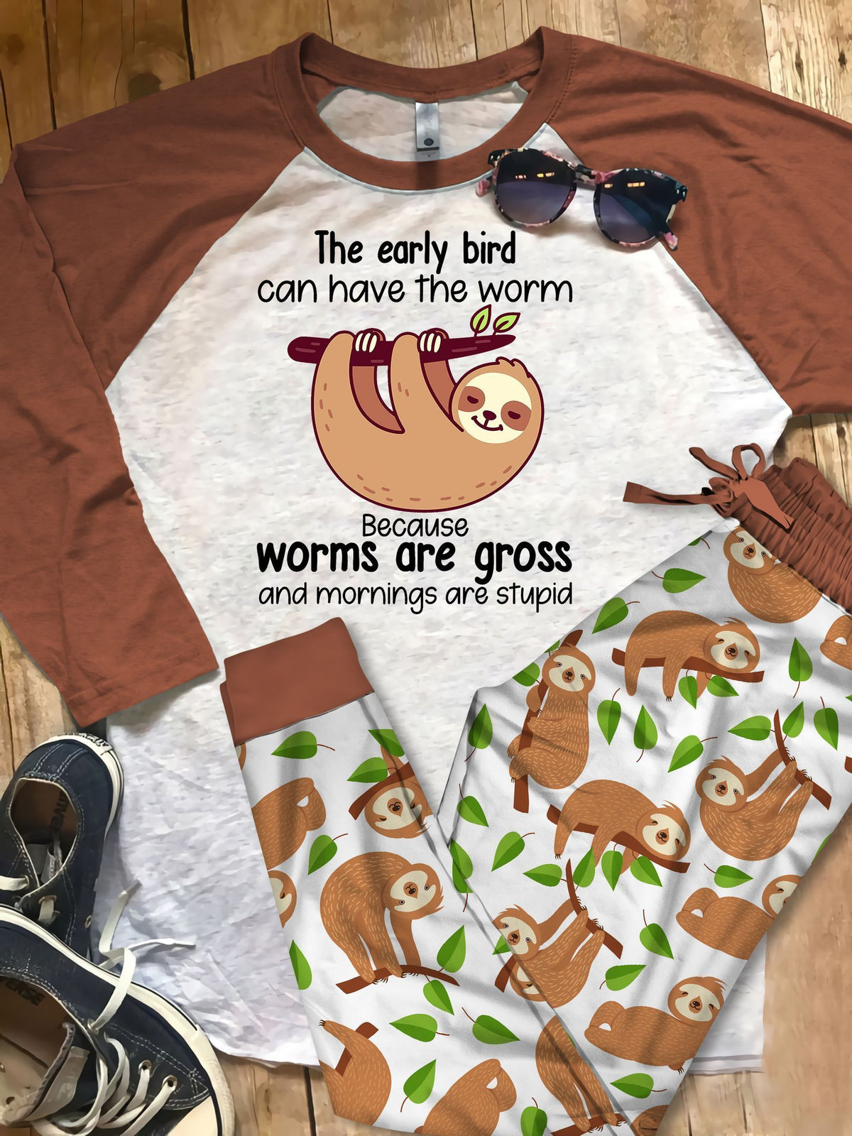 Sloth Sleep Never End Pajama Set |Sleepwear Pjs Sets | Raglan Shirt Pants Set
