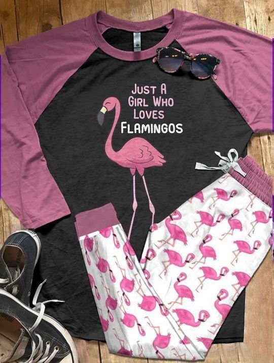 Flamingo Just A Girl Purple Amazing Pajama Set |Sleepwear Pjs Sets | Raglan Shirt Pants Set