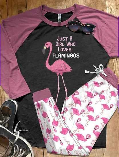 Flamingo Just A Girl Purple Amazing Pajama Set |Sleepwear Pjs Sets | Raglan Shirt Pants Set