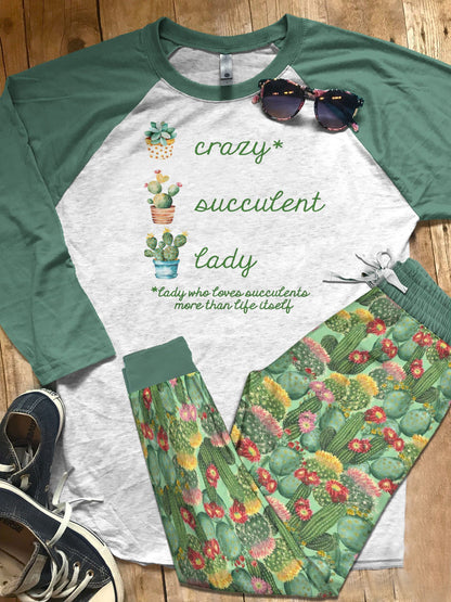 Succulent Set Crazy Succulent Lady Pajama Set |Sleepwear Pjs Sets | Raglan Shirt Pants Set