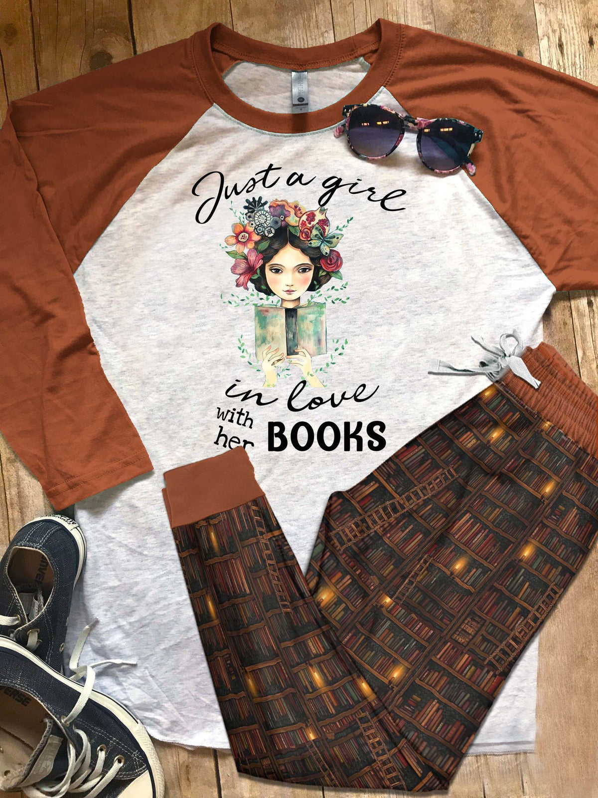 Reading Just A Girl In Love With Her Books Pajama Set |Sleepwear Pjs Sets | Raglan Shirt Pants Set