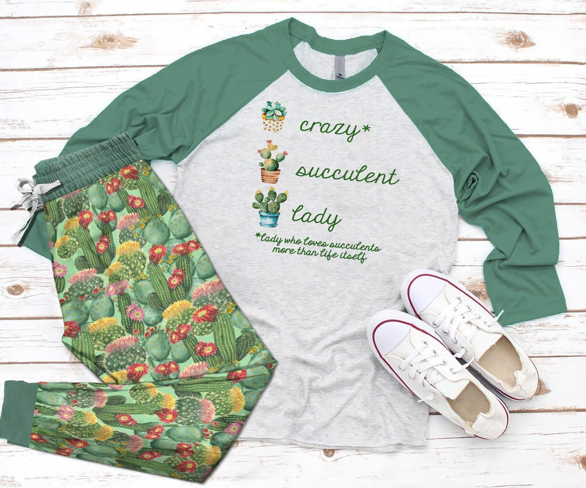 Succulent Set Crazy Succulent Lady Pajama Set |Sleepwear Pjs Sets | Raglan Shirt Pants Set