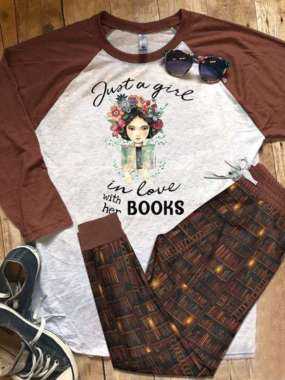 Reading Just A Girl In Love With Her Books Pajama Set |Sleepwear Pjs Sets | Raglan Shirt Pants Set