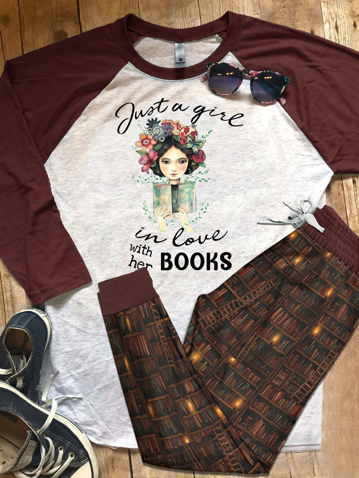 Reading Just A Girl In Love With Her Books Pajama Set |Sleepwear Pjs Sets | Raglan Shirt Pants Set