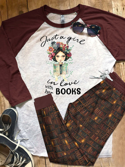 Reading Just A Girl In Love With Her Books Pajama Set |Sleepwear Pjs Sets | Raglan Shirt Pants Set