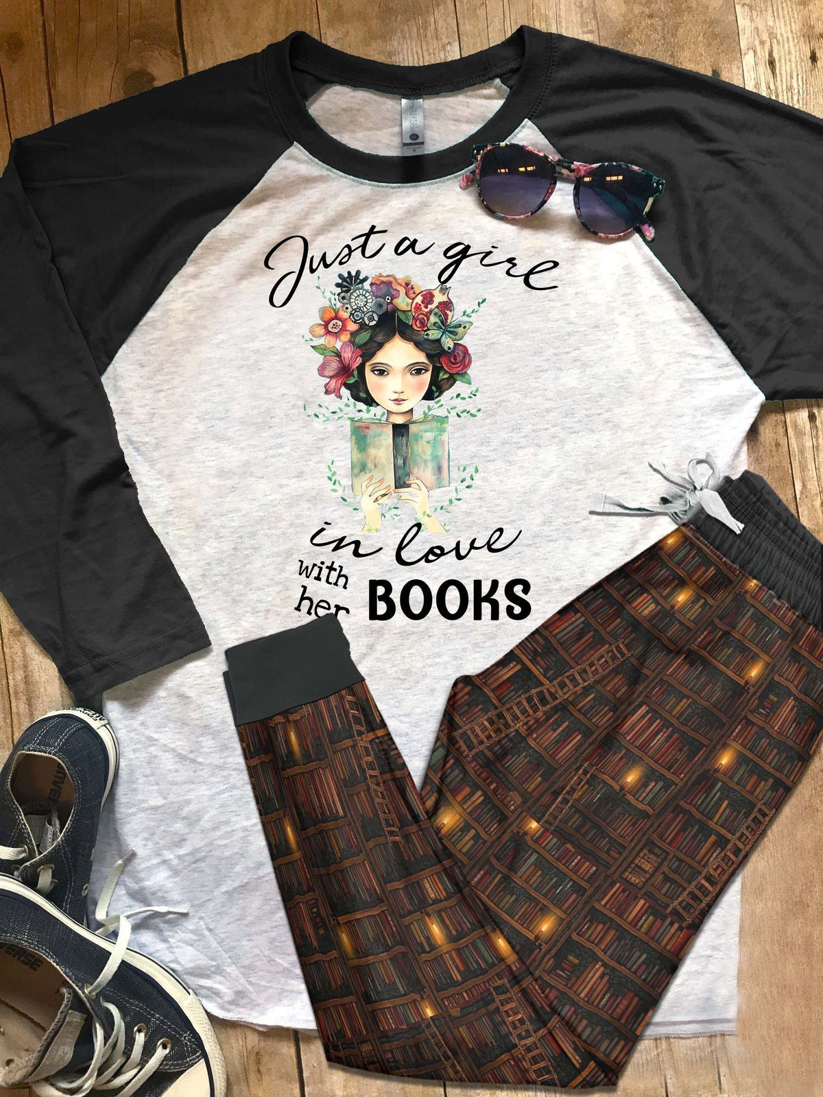 Reading Just A Girl In Love With Her Books Pajama Set |Sleepwear Pjs Sets | Raglan Shirt Pants Set