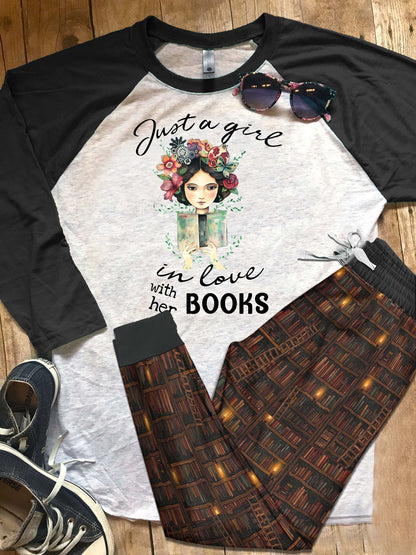Reading Just A Girl In Love With Her Books Pajama Set |Sleepwear Pjs Sets | Raglan Shirt Pants Set
