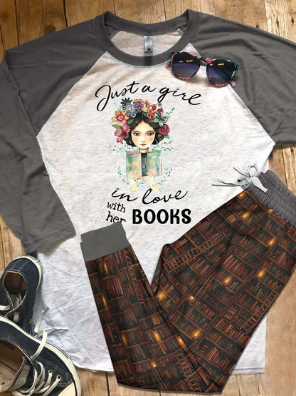 Reading Just A Girl In Love With Her Books Pajama Set |Sleepwear Pjs Sets | Raglan Shirt Pants Set