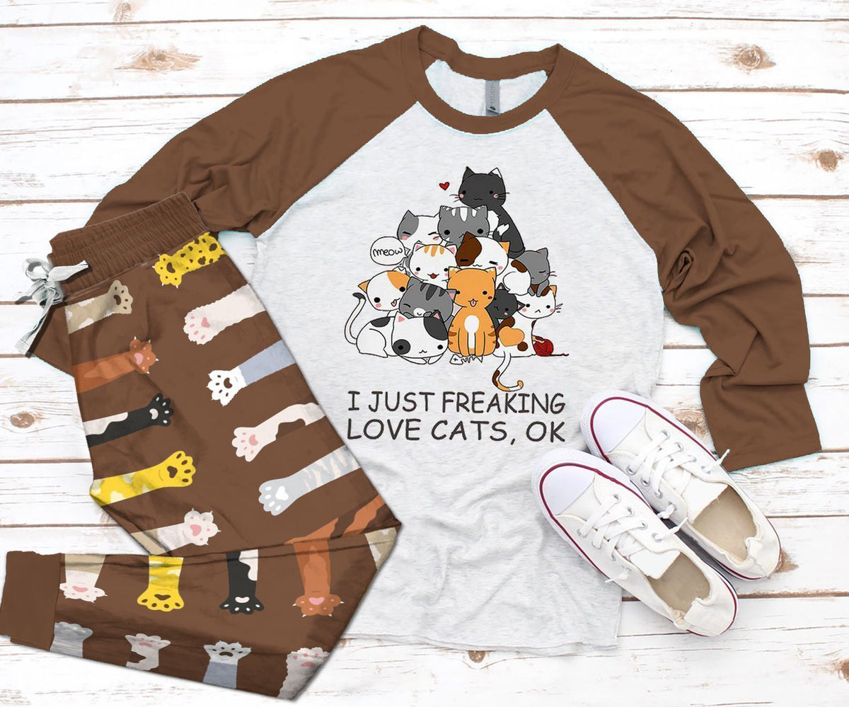 Cat I Just Freaking Love Cats Brown Good Pajama Set |Sleepwear Pjs Sets | Raglan Shirt Pants Set