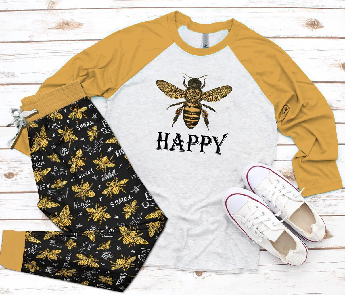 Bee Yellow Amazing Pajama Set |Sleepwear Pjs Sets | Raglan Shirt Pants Set