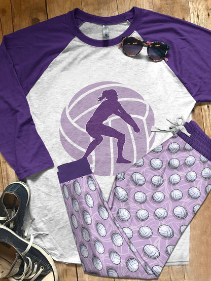 Volleyball Purple Good Pajama Set |Sleepwear Pjs Sets | Raglan Shirt Pants Set