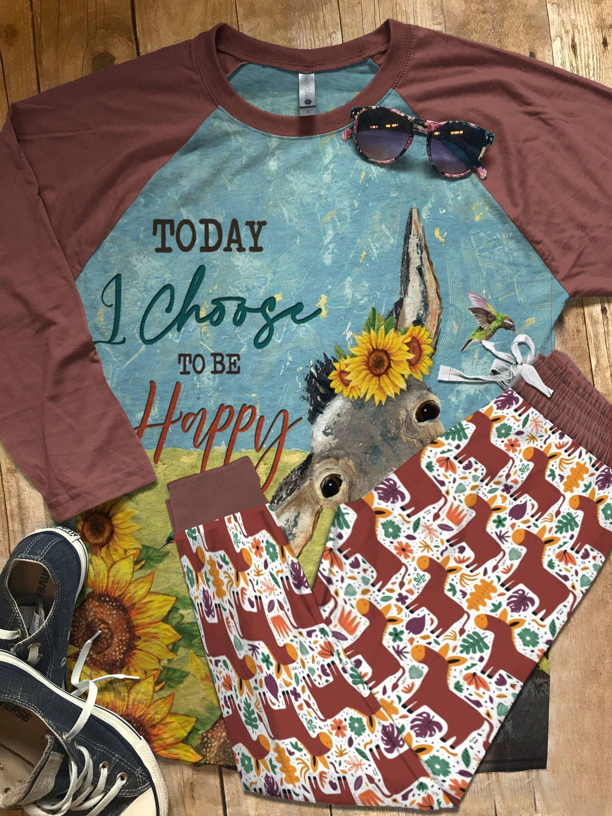 Donkey Set Today I Choose Tobe Happy Pajama Set |Sleepwear Pjs Sets | Raglan Shirt Pants Set