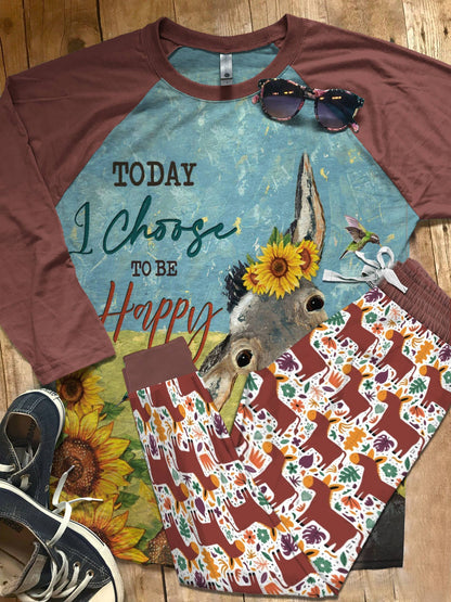 Donkey Set Today I Choose Tobe Happy Pajama Set |Sleepwear Pjs Sets | Raglan Shirt Pants Set