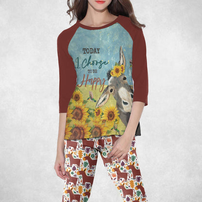 Donkey Set Today I Choose Tobe Happy Pajama Set |Sleepwear Pjs Sets | Raglan Shirt Pants Set
