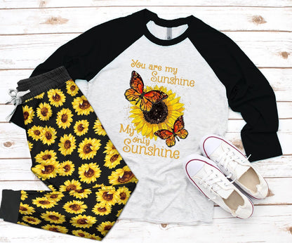 Sunflower Black Nice Pajama Set |Sleepwear Pjs Sets | Raglan Shirt Pants Set