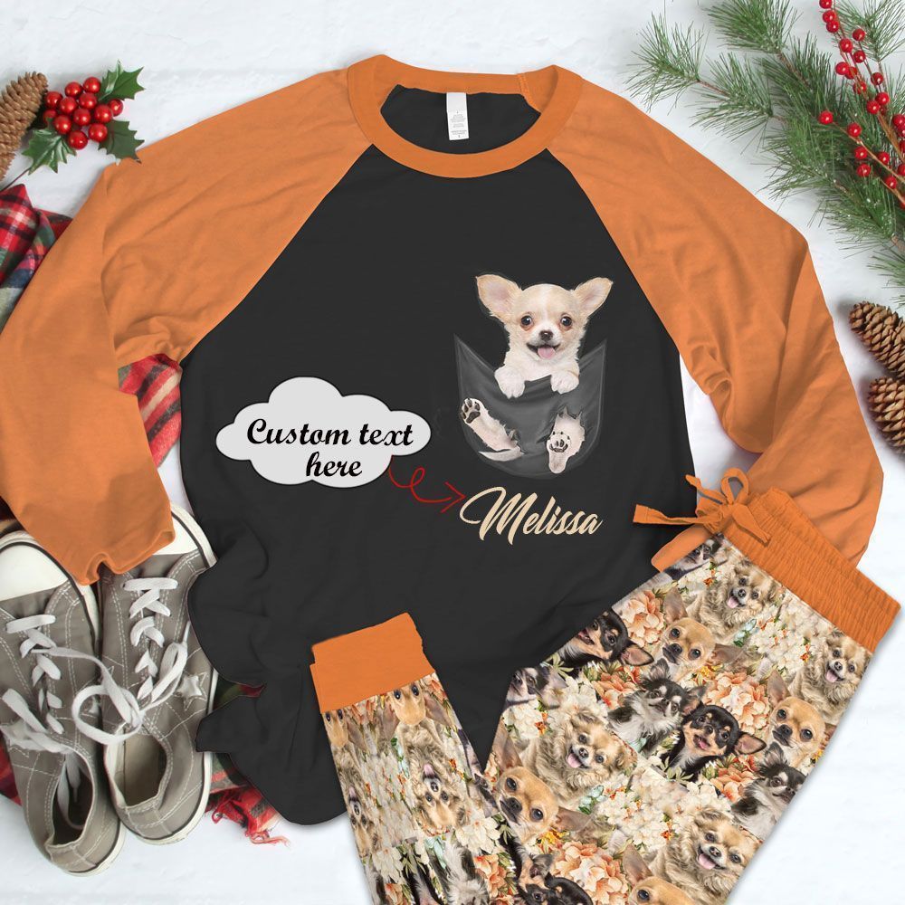 Chihuahua Pocket Baby Personalized Orange Amazing Pajama Set |Sleepwear Pjs Sets | Raglan Shirt Pants Set