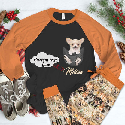 Chihuahua Pocket Baby Personalized Orange Amazing Pajama Set |Sleepwear Pjs Sets | Raglan Shirt Pants Set