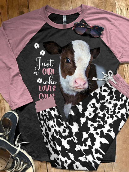 Cow Just A Girl Who Loves Cows Pajama Set |Sleepwear Pjs Sets | Raglan Shirt Pants Set