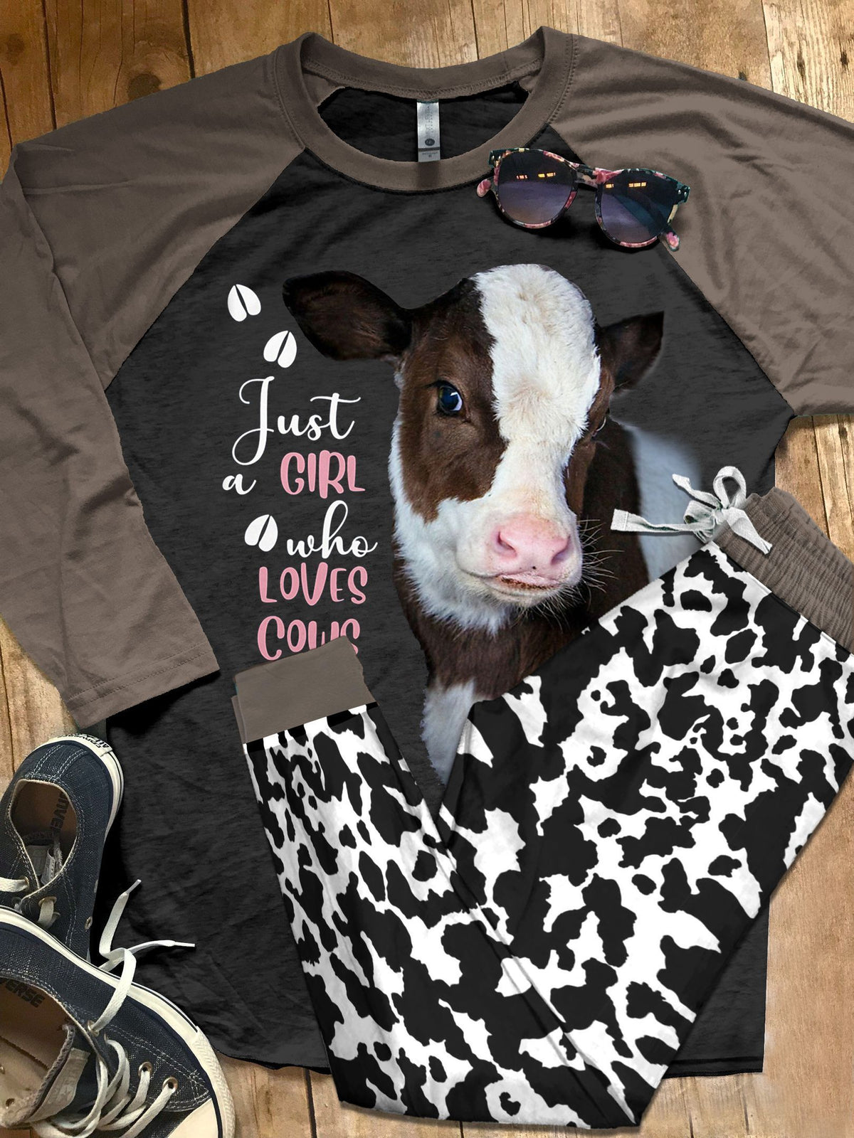 Cow Just A Girl Who Loves Cows Pajama Set |Sleepwear Pjs Sets | Raglan Shirt Pants Set