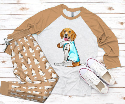 Beagle Khaki Nice Pajama Set |Sleepwear Pjs Sets | Raglan Shirt Pants Set