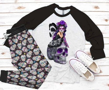 Skull Girl Black Good Pajama Set |Sleepwear Pjs Sets | Raglan Shirt Pants Set