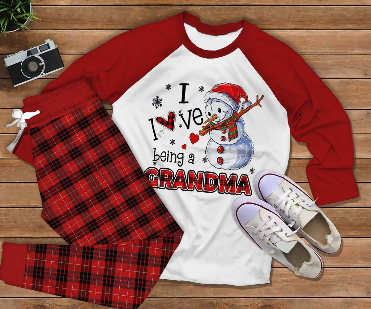 Snowman Family To Grandma Red High Quality Pajama Set |Sleepwear Pjs Sets | Raglan Shirt Pants Set