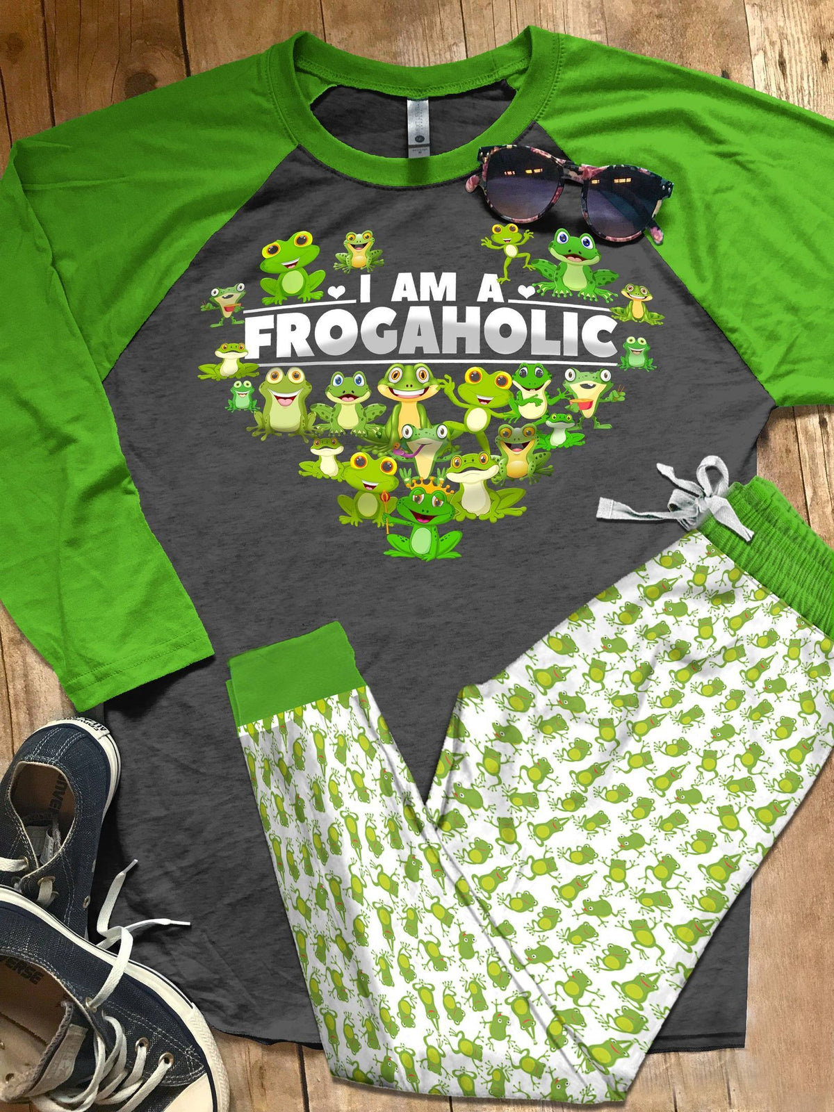 Frog Set I'M A Frogaholic Colors Pajama Set |Sleepwear Pjs Sets | Raglan Shirt Pants Set