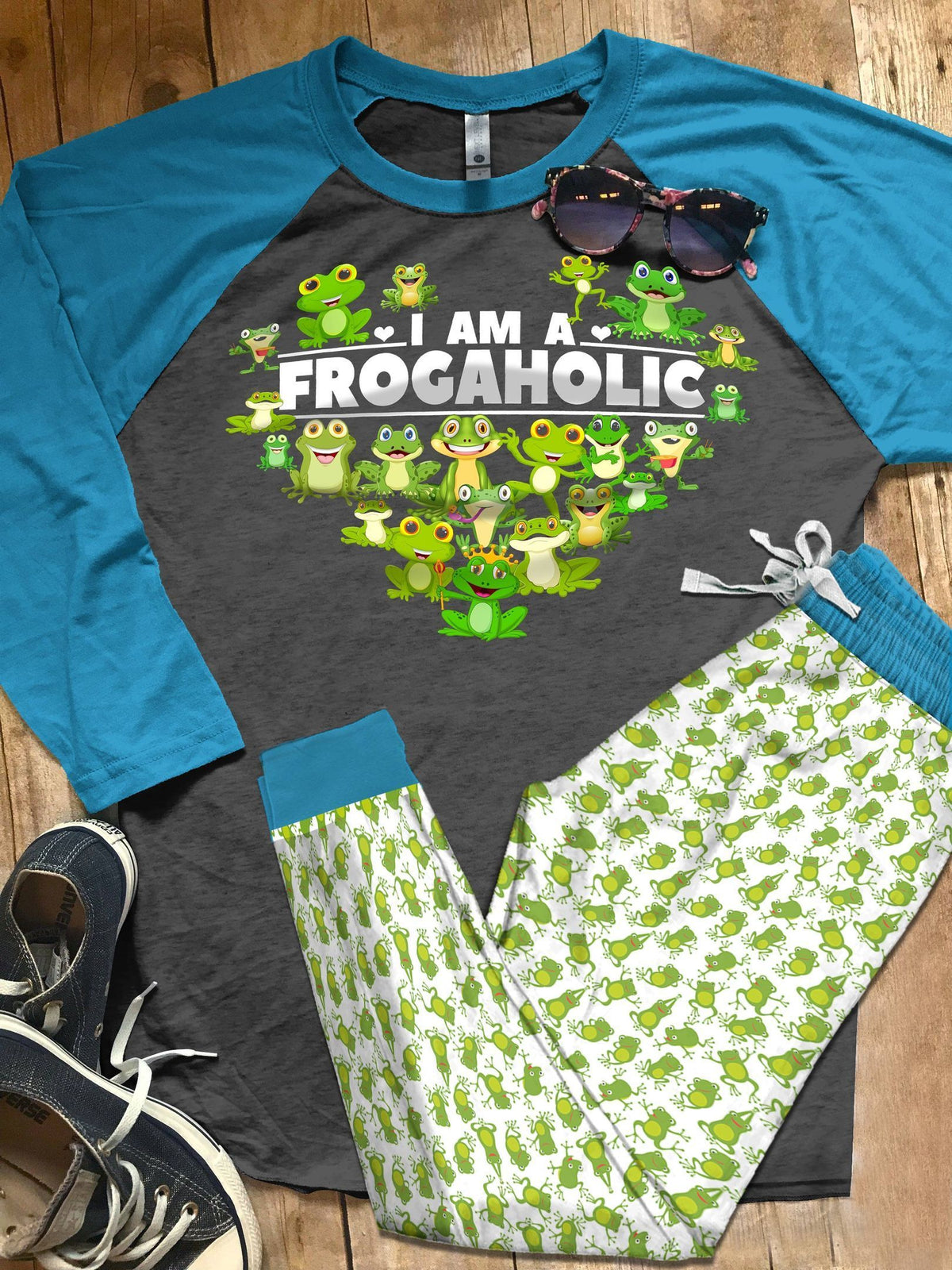 Frog Set I'M A Frogaholic Colors Pajama Set |Sleepwear Pjs Sets | Raglan Shirt Pants Set